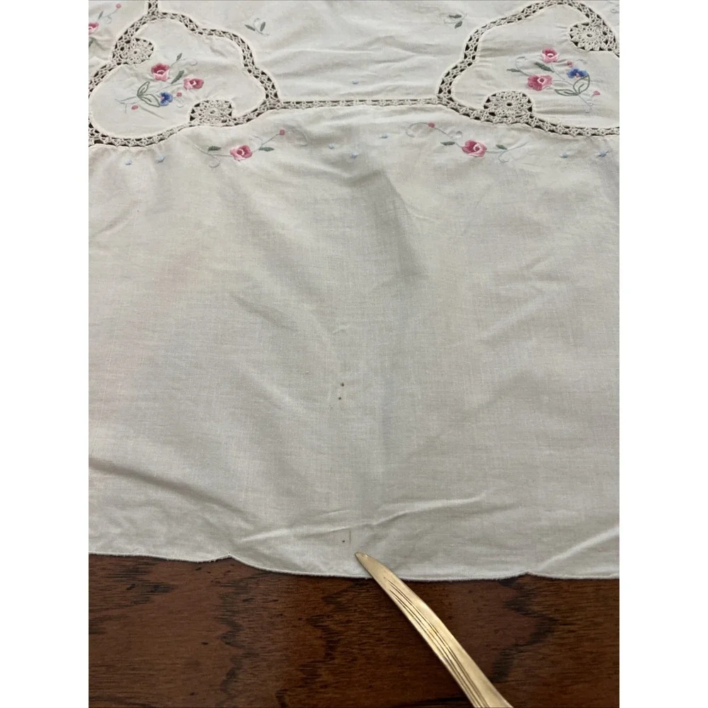 Vintage Hand Embroidered Floral Cottage Core Cotton Tablecloth 42x40 Square Ecru